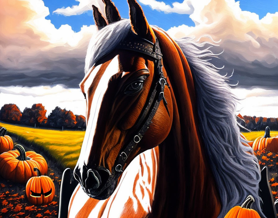 Majestic brown horse with flowing mane in pumpkin field scenery