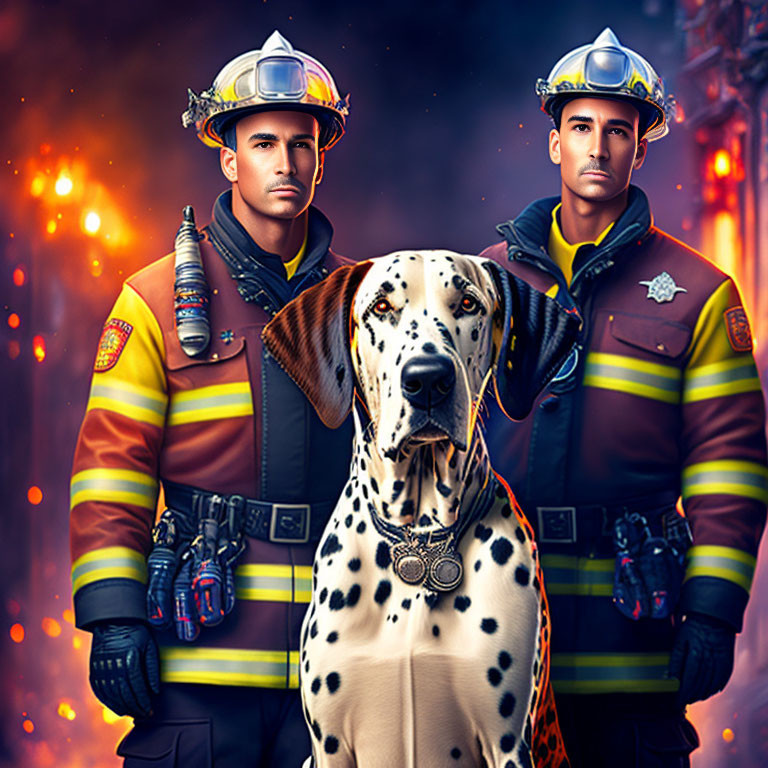 Firefighters with Dalmatian in front of flames show bravery and readiness