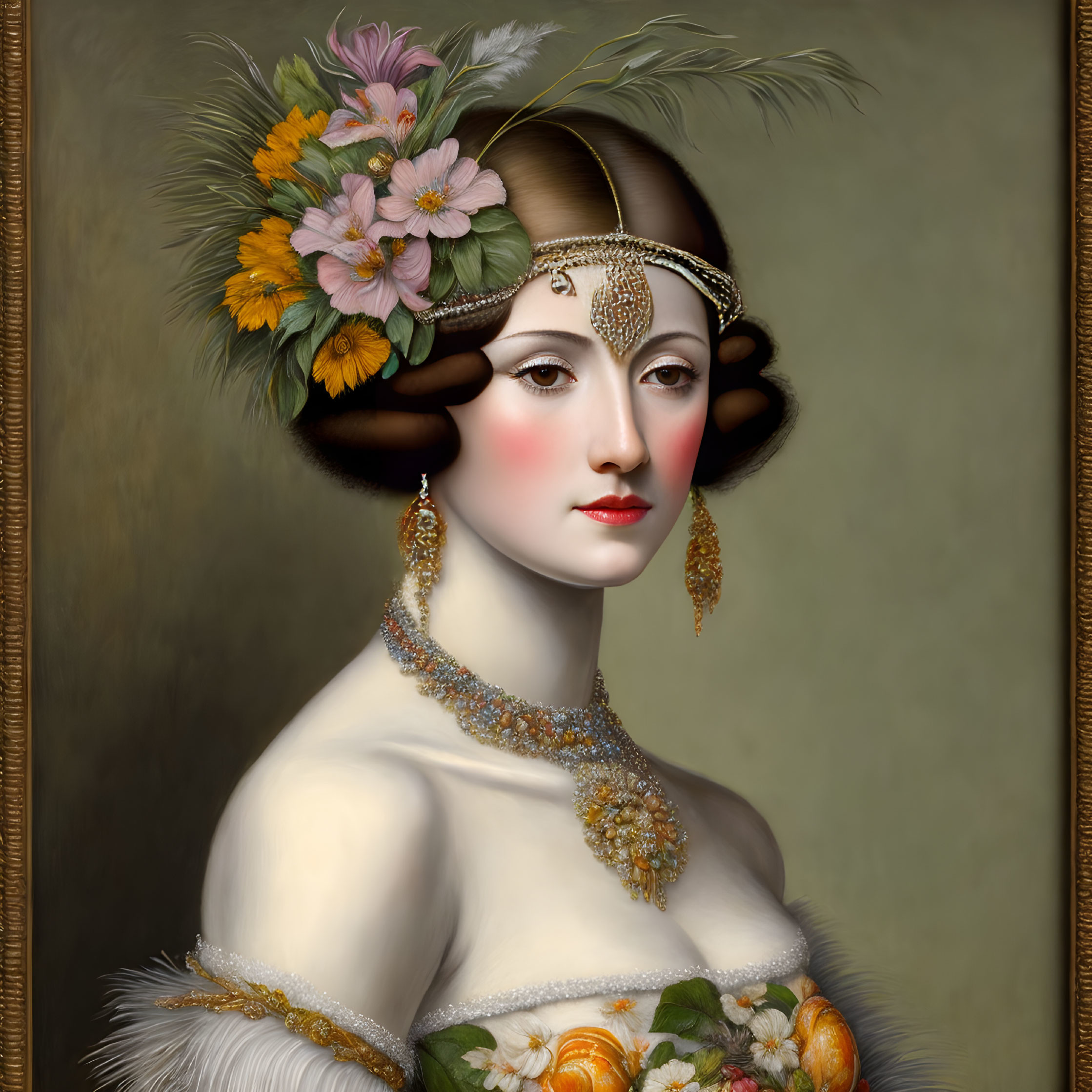 Regal woman with feathered headdress and jewelry