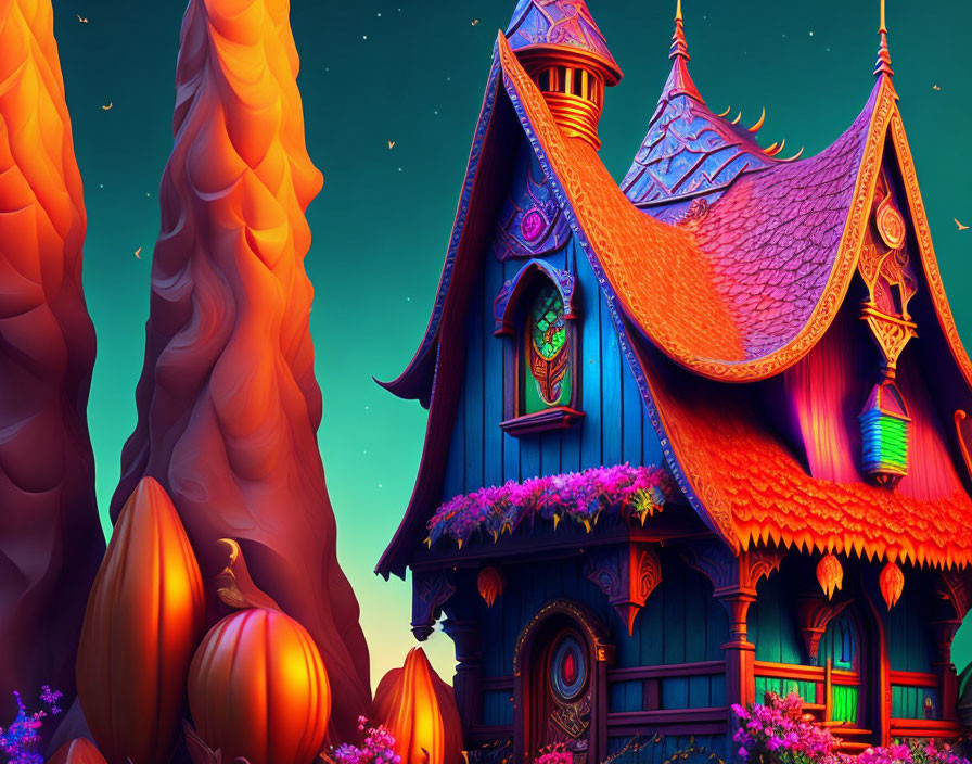 Colorful Whimsical House Illustration at Twilight