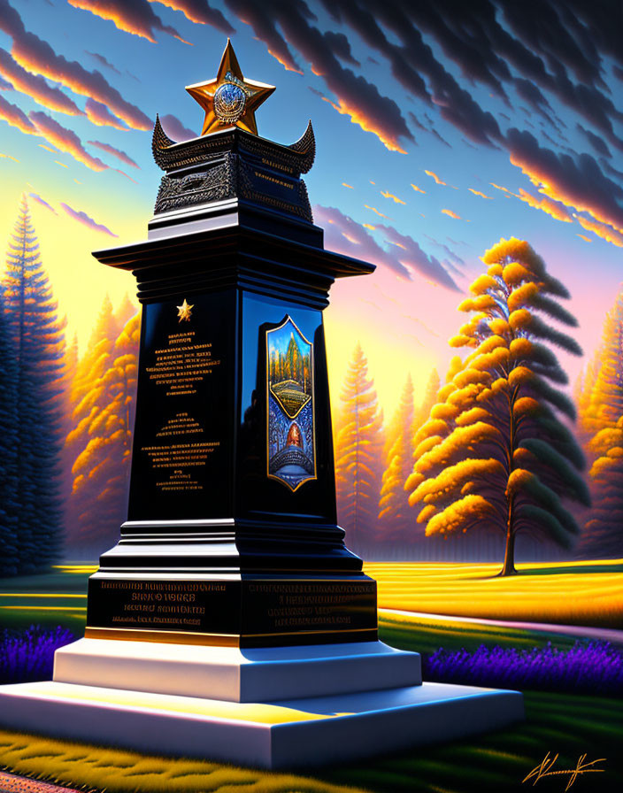 Illustrated memorial monument at dawn/dusk with warm light on tree-filled landscape under dramatic sky