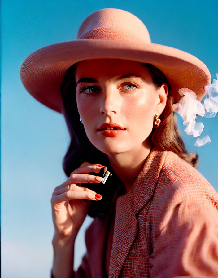 Woman in Peach Hat and Blazer with Perfume Bottle and Flower Pose on Blue Background