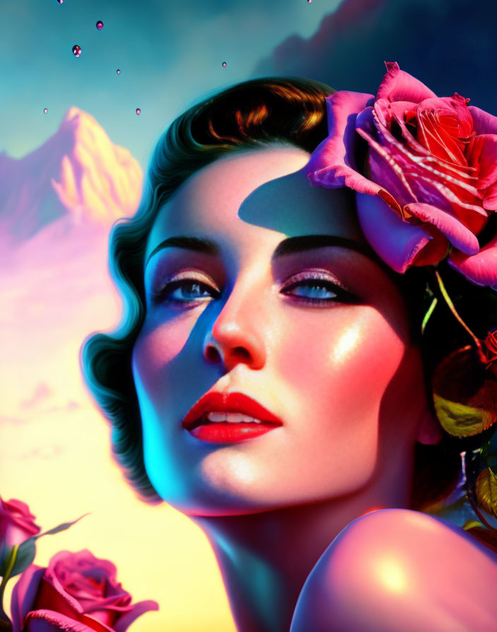 Colorful portrait of woman with vibrant makeup and roses in hair against mountain backdrop.