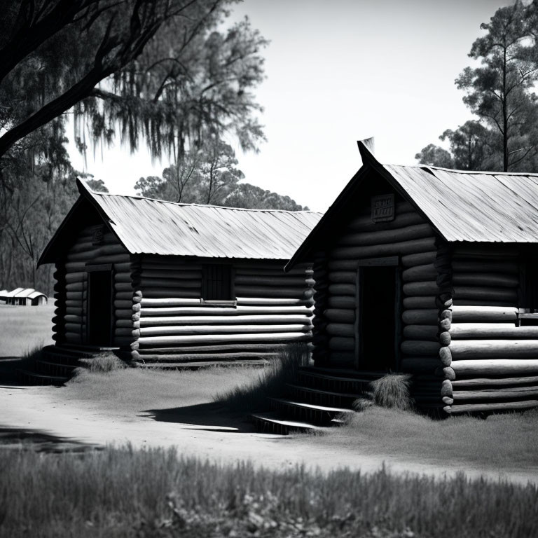 Rustic log cabins with gabled roofs in black and white rural landscape