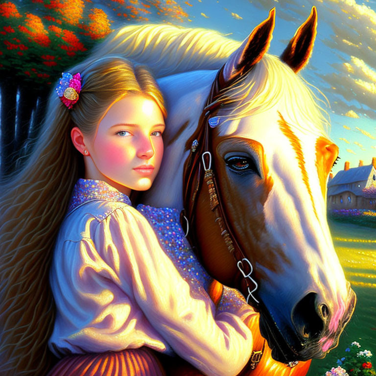 Blonde Girl Embracing Brown Horse in Countryside Sunrise or Sunset