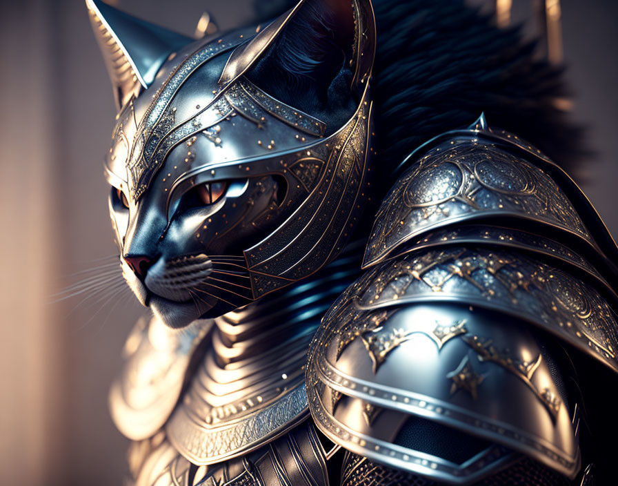 Intricate metallic armor on a cat with mythical design