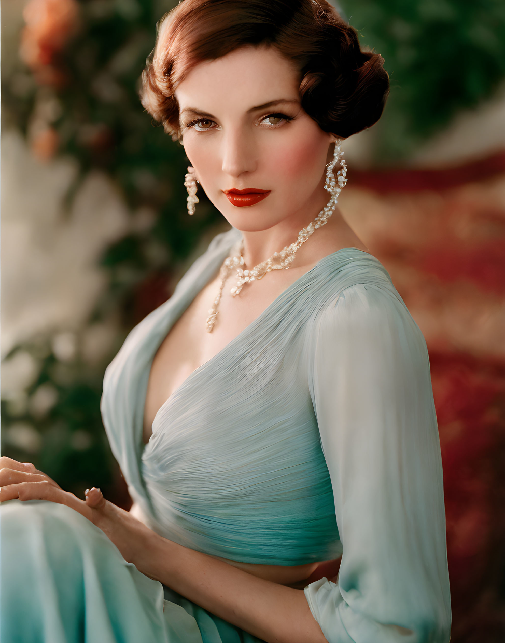 Vintage-style Blue Dress and Pearls on Elegant Woman with Classic Hairstyle