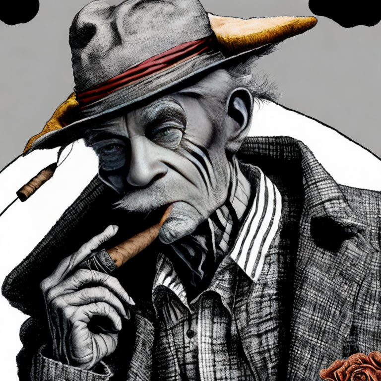 Detailed illustration of distinguished elderly man with hat, cigar, and pinstripe suit