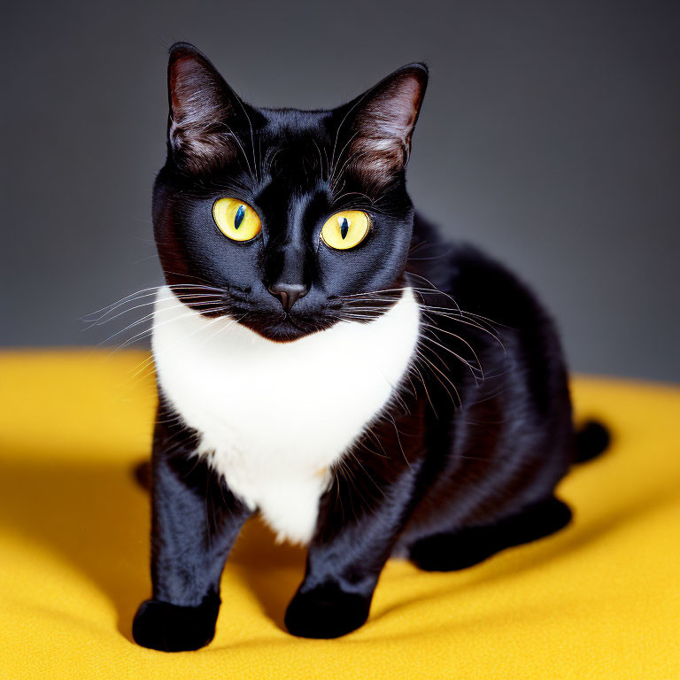 Black and White Cat with Striking Yellow Eyes on Yellow Surface