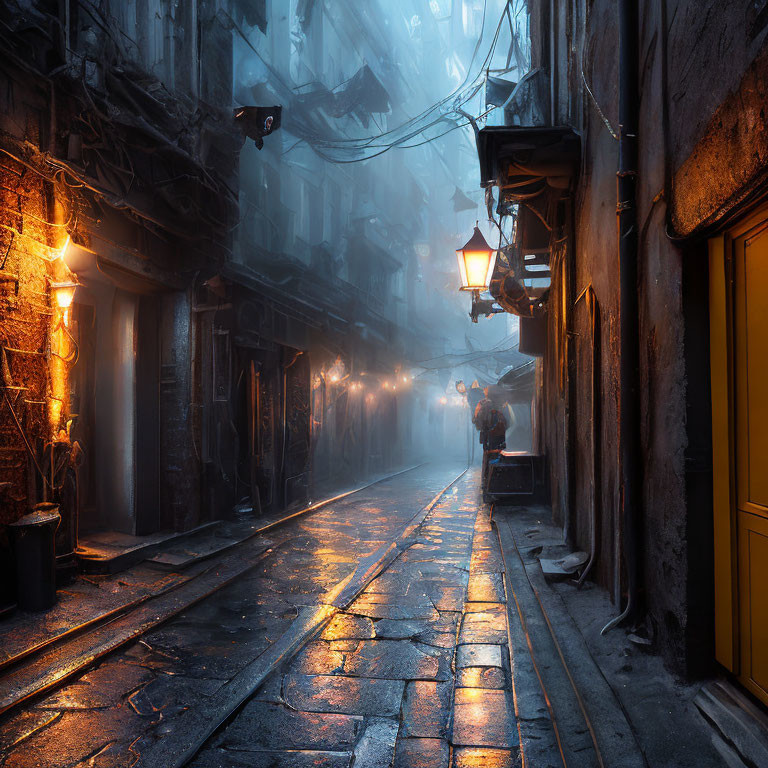 Dimly Lit Cobblestone Alley with Old Buildings and Street Lamps