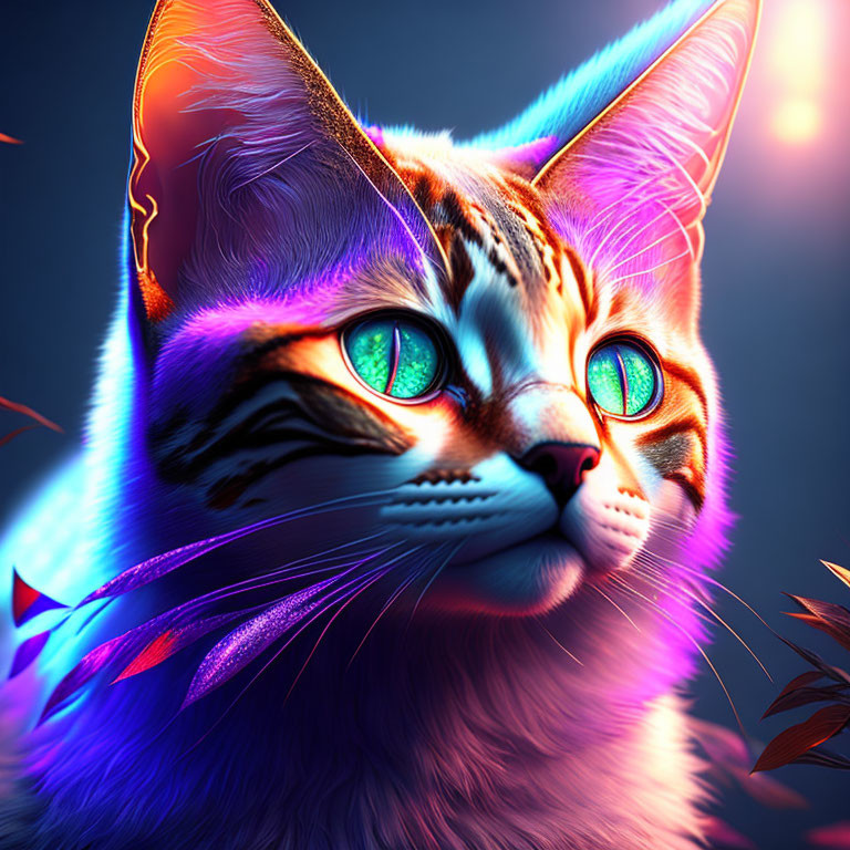 Colorful digital artwork of a cat with neon blue and orange hues