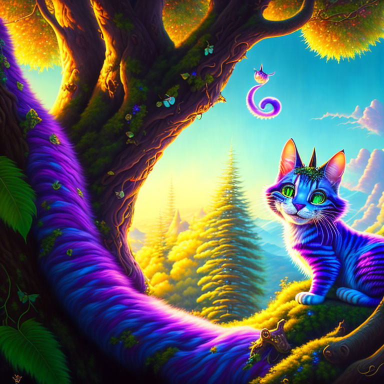 Whimsical purple-striped cat with green eyes beside fantastical tree in forest scene