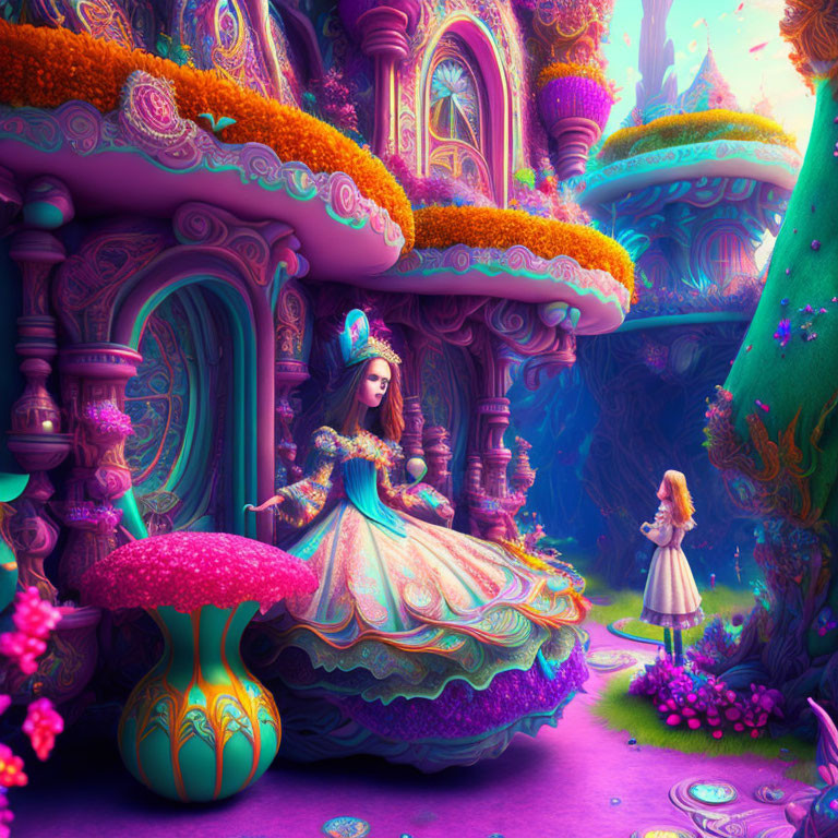 Vibrant fantasy scene with large elegantly dressed woman and small girl in mushroom-filled landscape