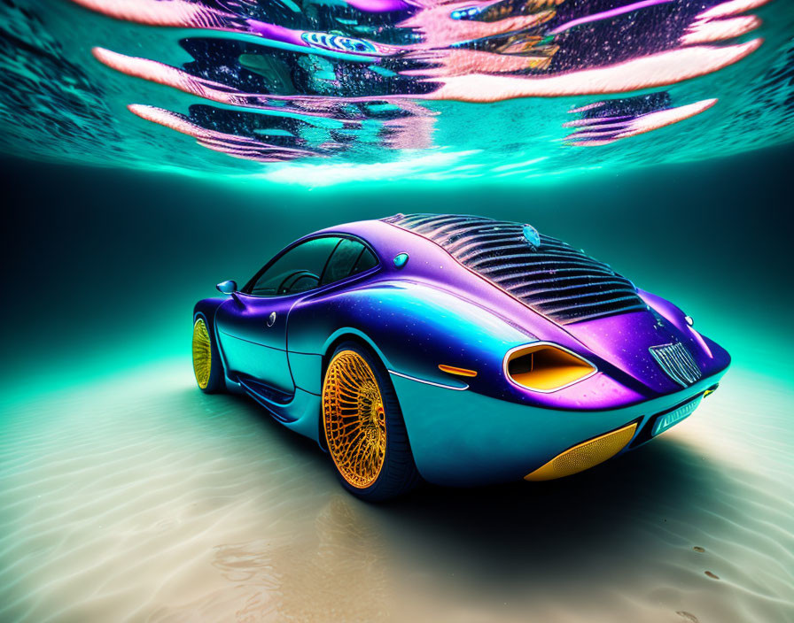 Blue and Gold Sports Car with Neon Reflections in Futuristic Setting