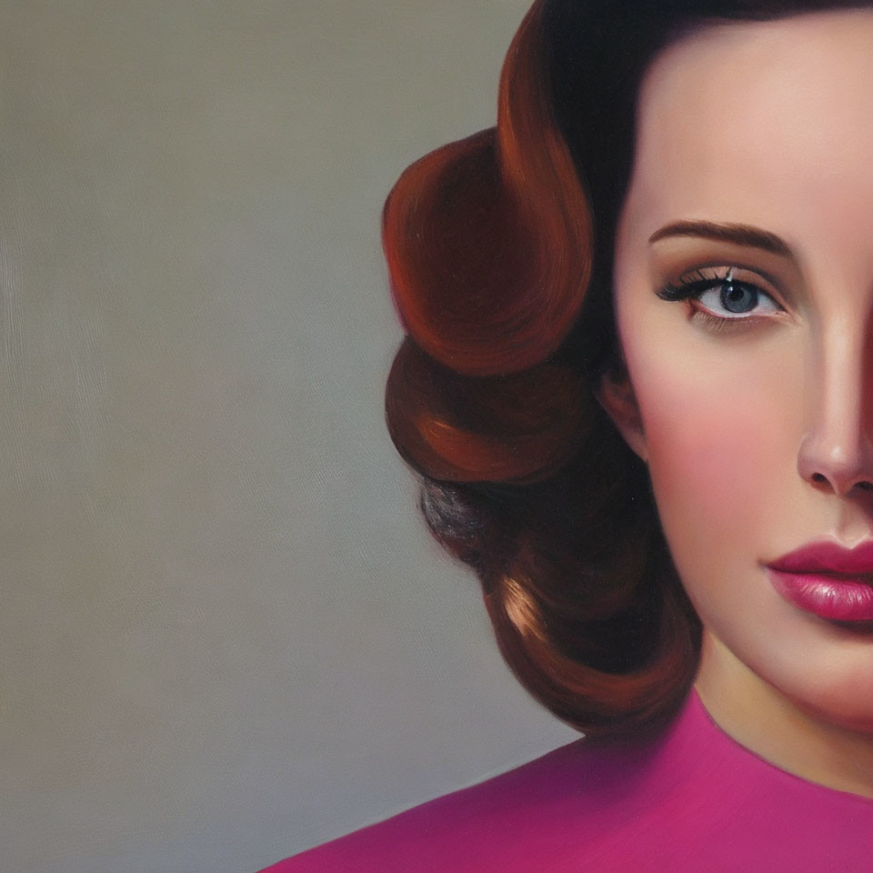 Close-up painting of woman with brown wavy hair, blue eyes, pink attire, vintage style on