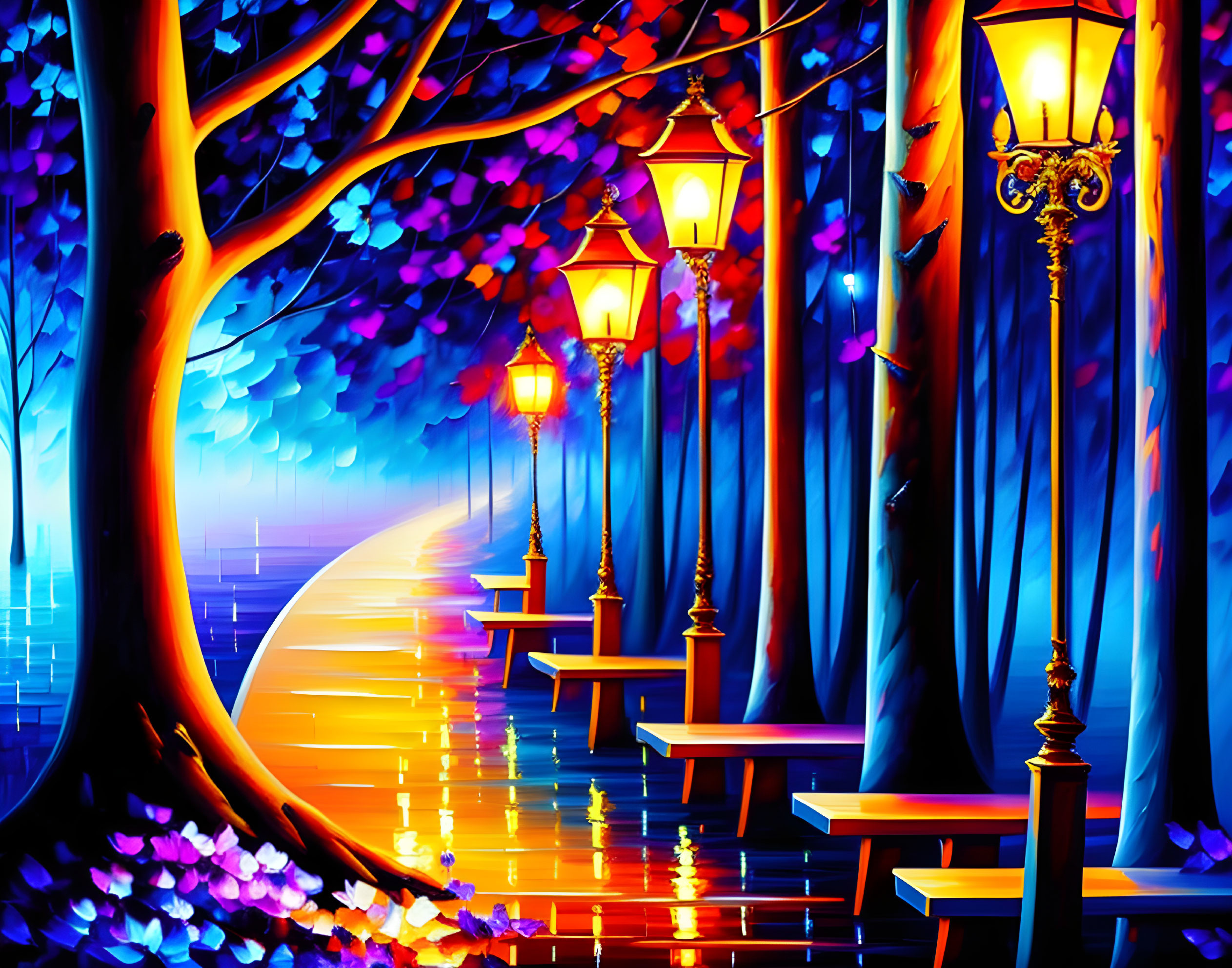 Colorful Forest Path with Stylized Trees and Hanging Lanterns