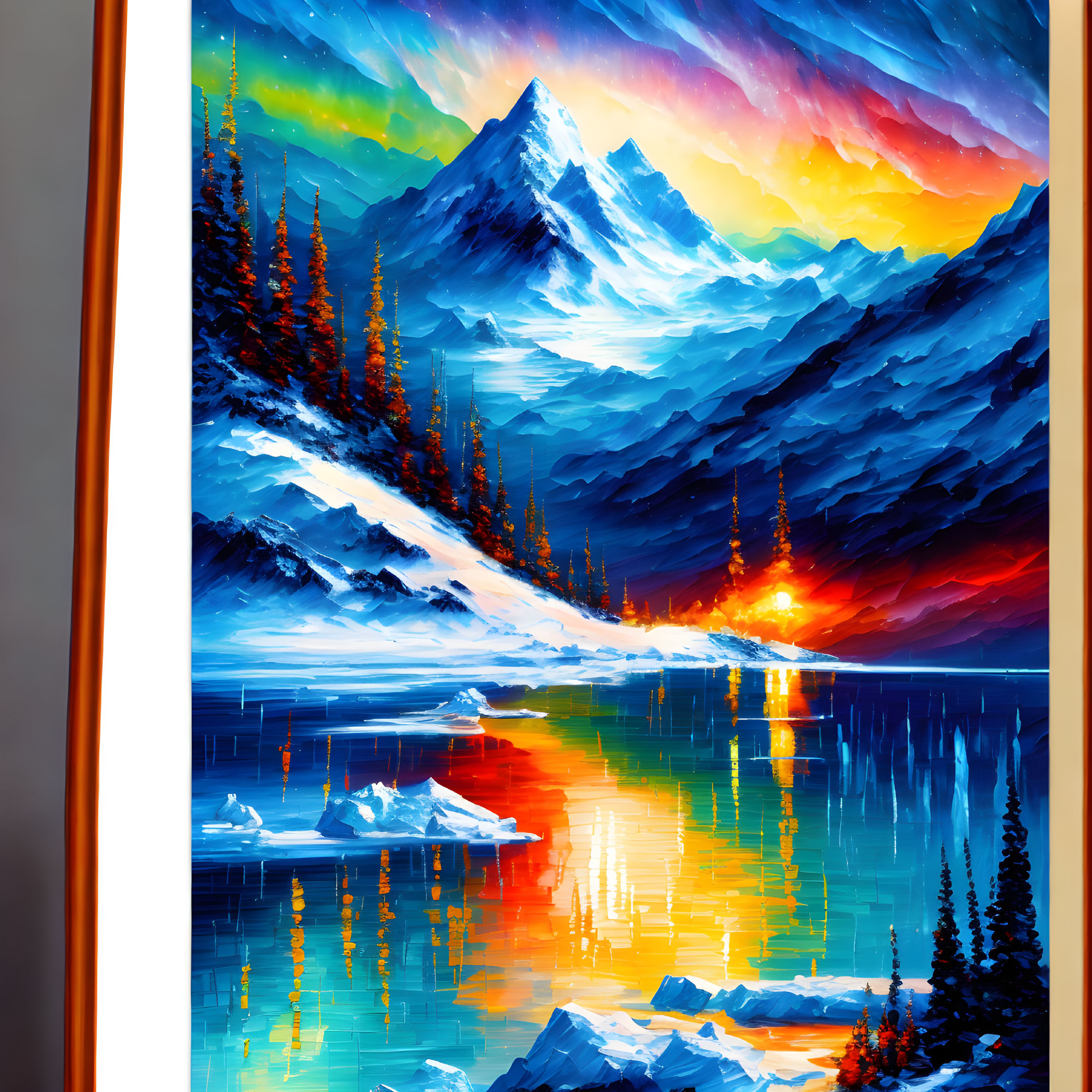 Scenic painting of mountain landscape with sunset, lake, icebergs, and trees