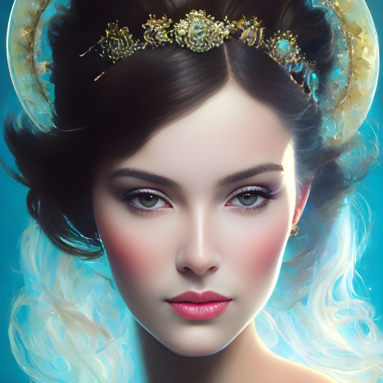 Elegant makeup and jeweled crown on woman in digital portrait