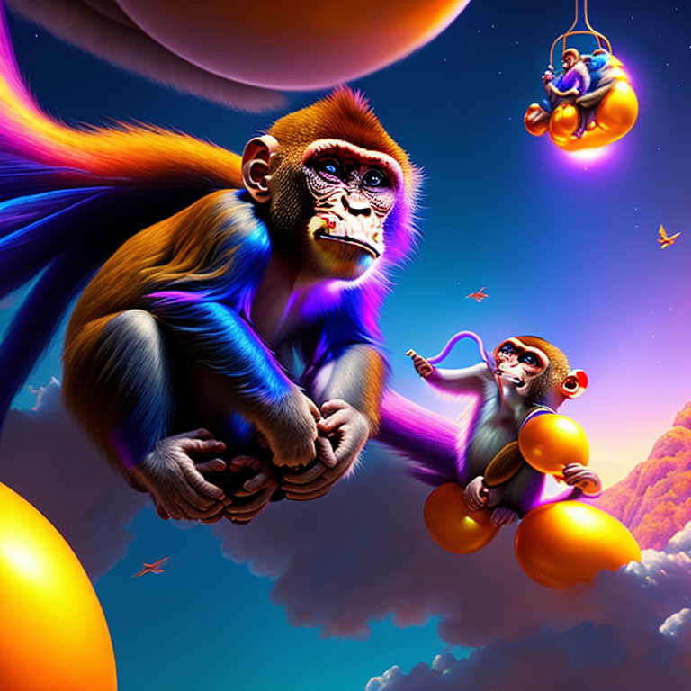 Colorful surreal monkeys in vibrant sky with headphones and planets