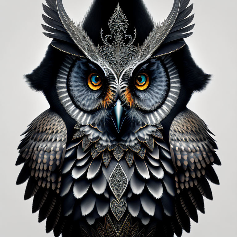 Detailed Illustration of Owl with Vivid Orange Eyes & Ornate Silver Patterns