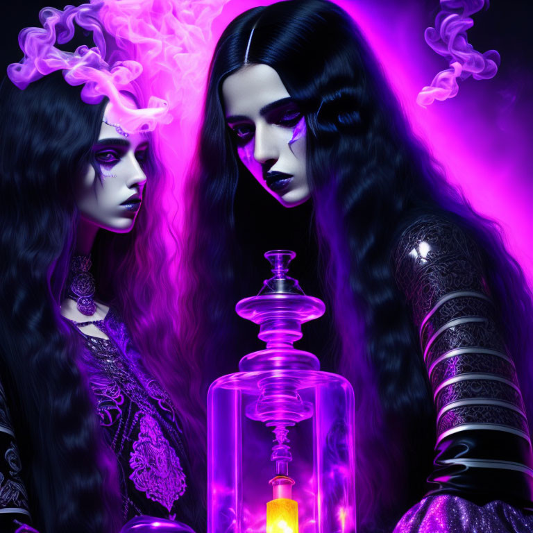 Gothic-style female figures with long black hair and dark makeup surrounded by purple smoke and gazing