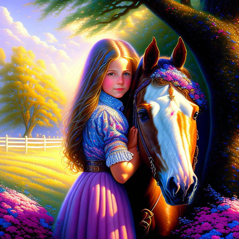 Young girl in purple dress with horse in flower field at sunset