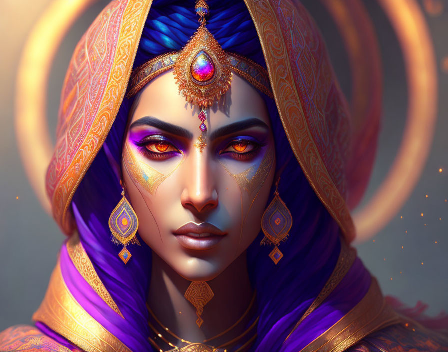 Digital portrait of woman with violet eyes and ornate golden jewelry & colorful headdress with intricate designs.