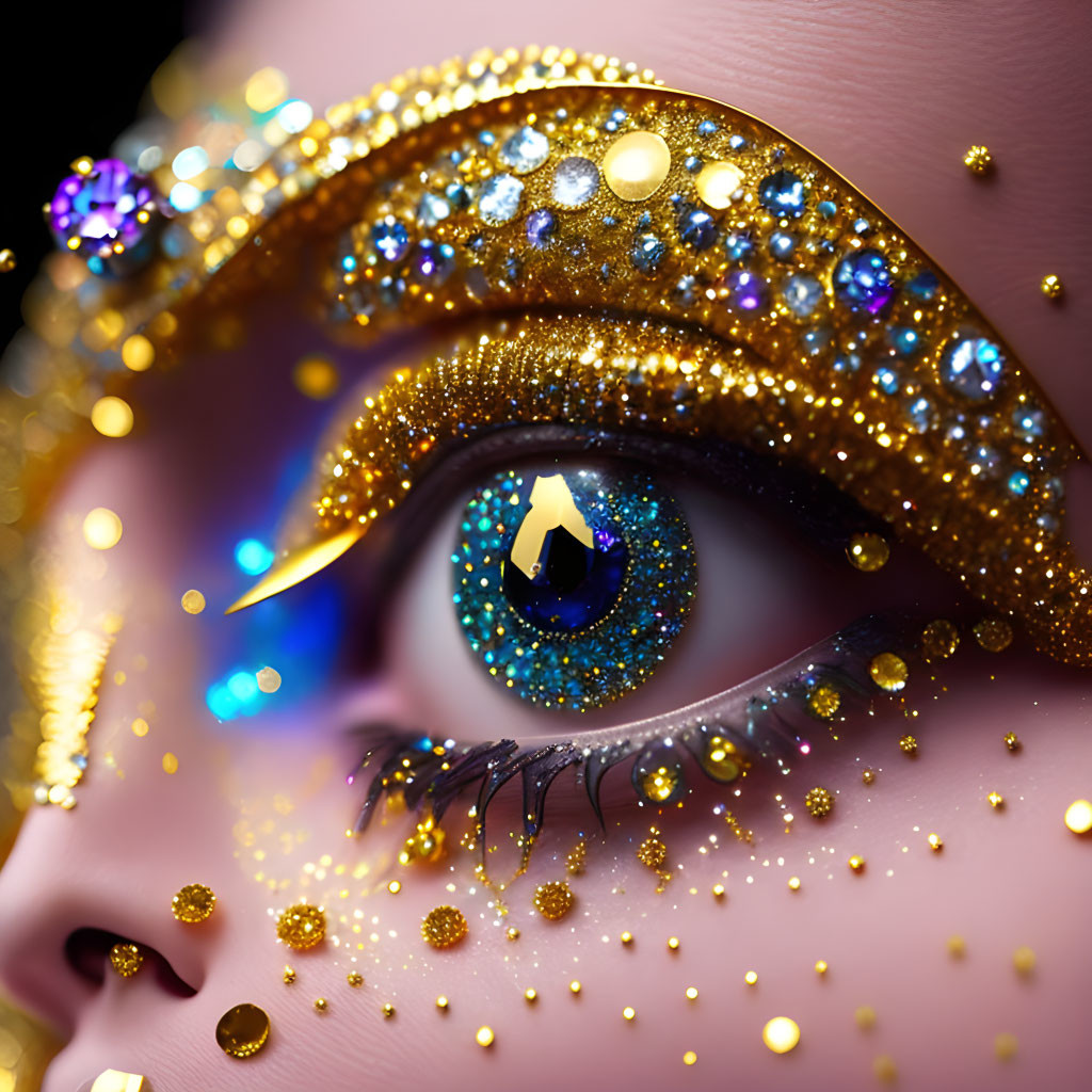 Glittering jeweled makeup design with blue contact lens and golden sparkles