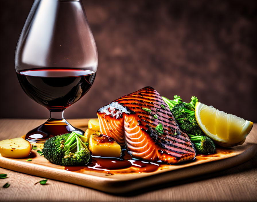 Grilled Salmon Fillet with Lemon, Broccoli, Potatoes, and Sauce on Wooden Board