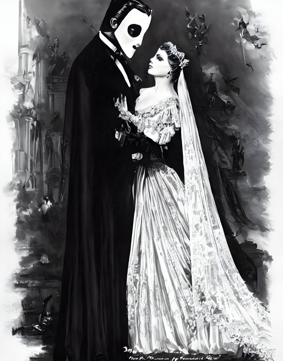 Monochrome image of masked man and woman in gothic setting