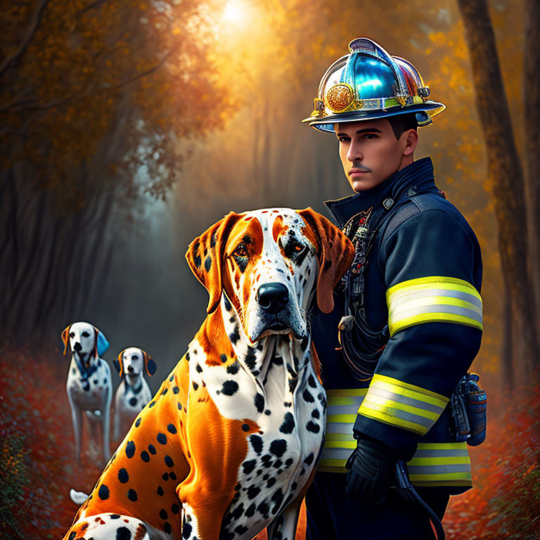 Firefighter posing with Dalmatian in autumn forest scene