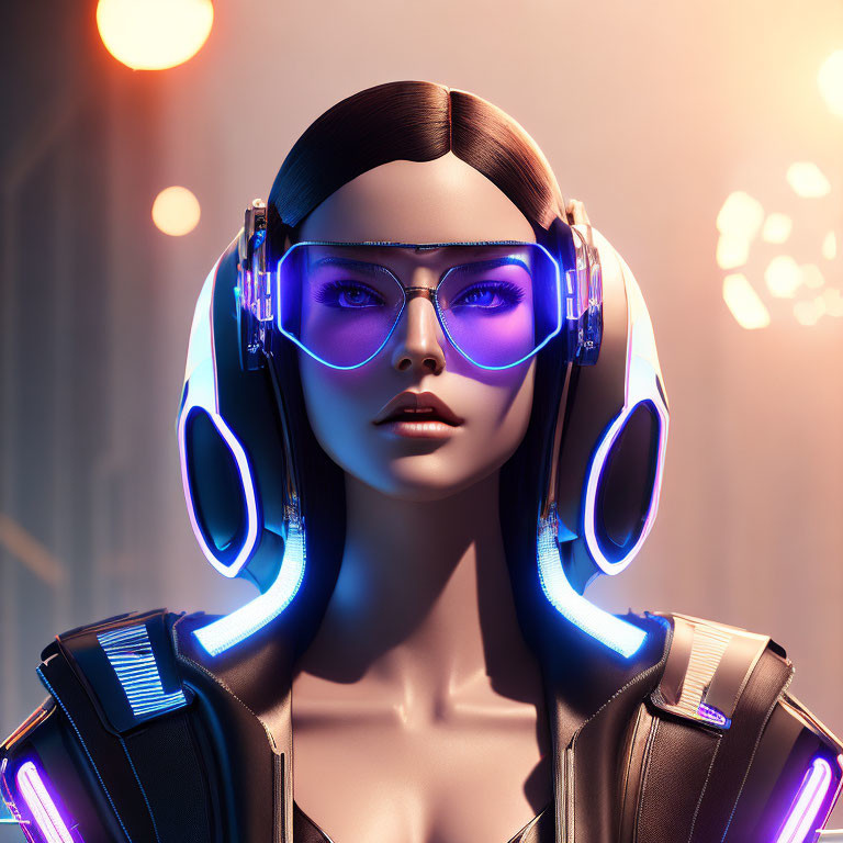 Futuristic woman with sleek hair, reflective sunglasses, and neon-lit headphones in warm ambiance