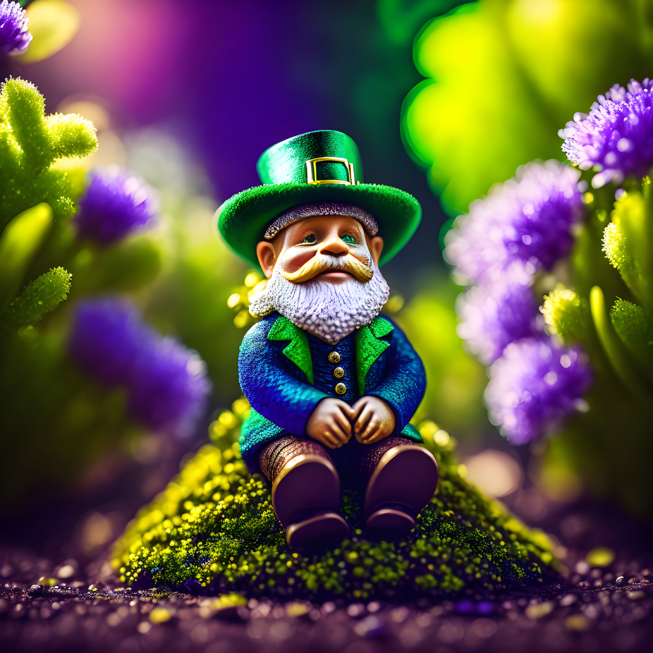 Whimsical leprechaun figurine on mound with purple flowers