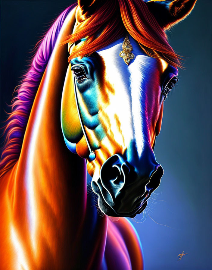 Colorful Horse Illustration with Blue and Orange Hues on Dark Background