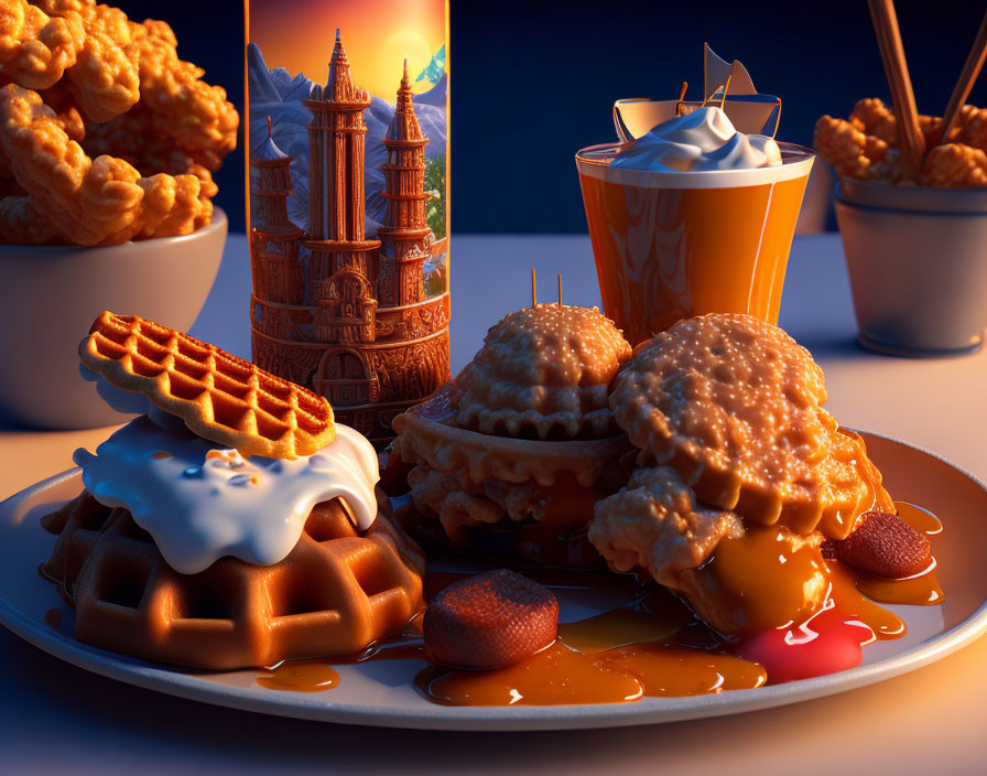 Whimsical still life with waffles, fried chicken, cinnamon sculpture, and whipped cream drink