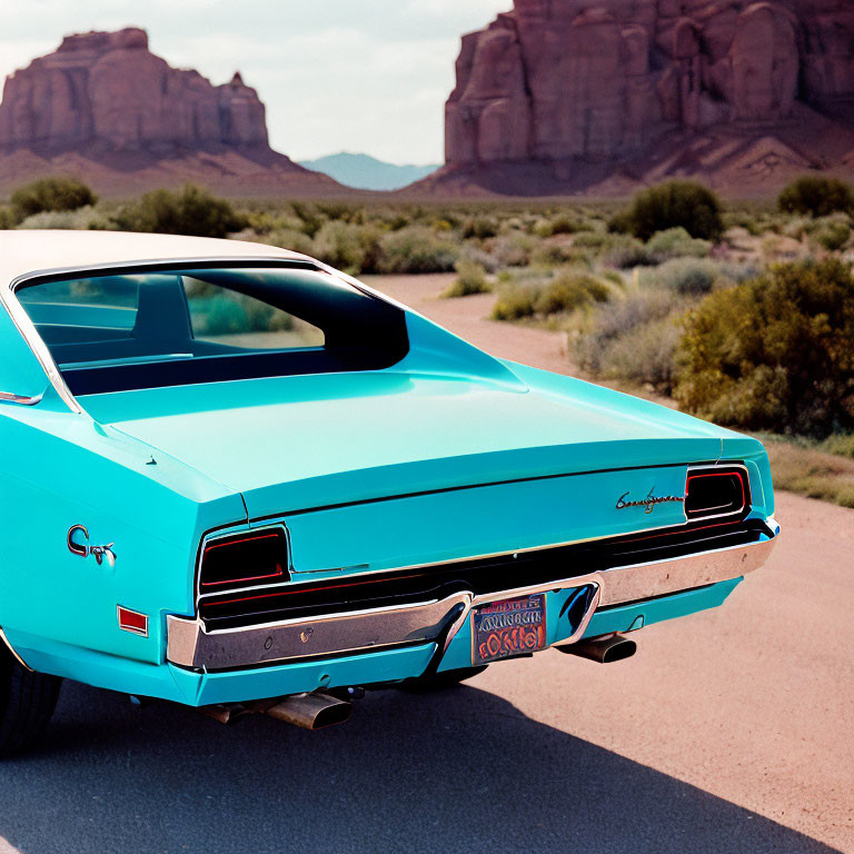 Vintage turquoise car on desert road with rocky formations and clear sky