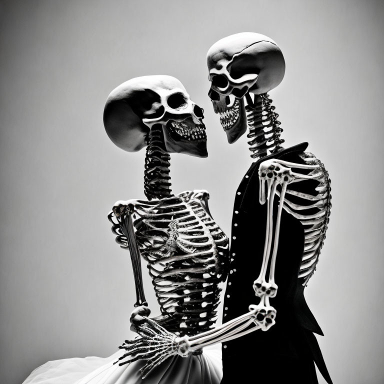 Formal attire skeletons in white dress and black suit dancing intimately