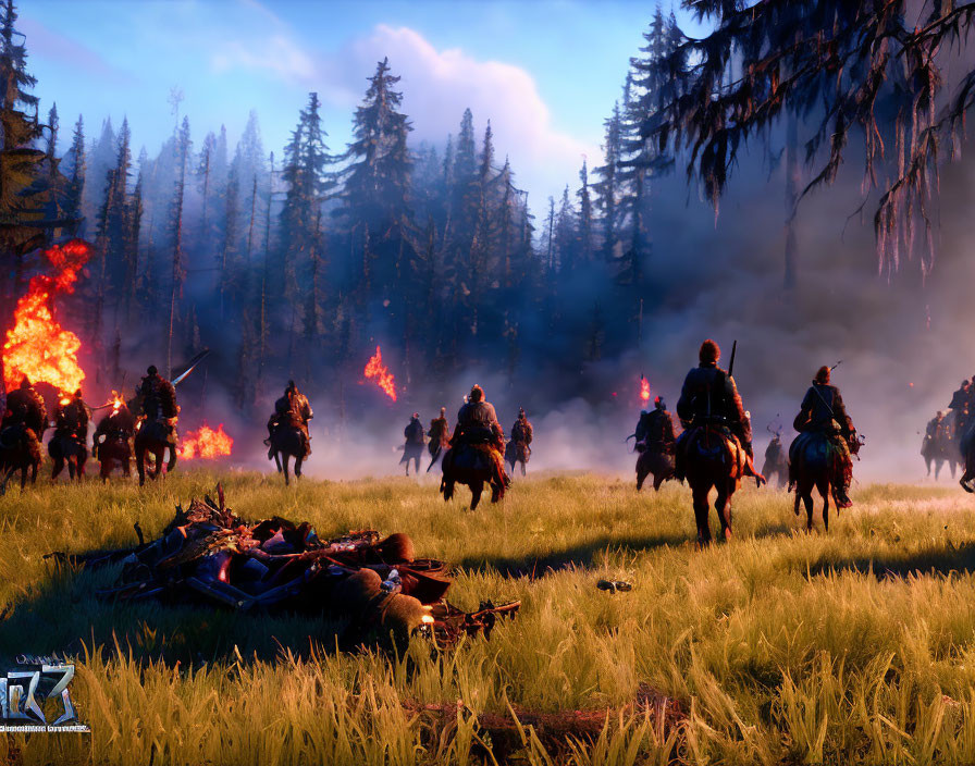 Cavalry on smoky battlefield with fallen warriors and fires, dusk forest backdrop