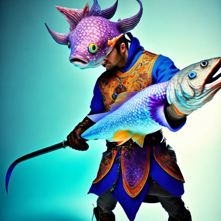 Person with Fish-Head Helmet Wielding Fish-Tip Spear in Blue & Orange Outfit