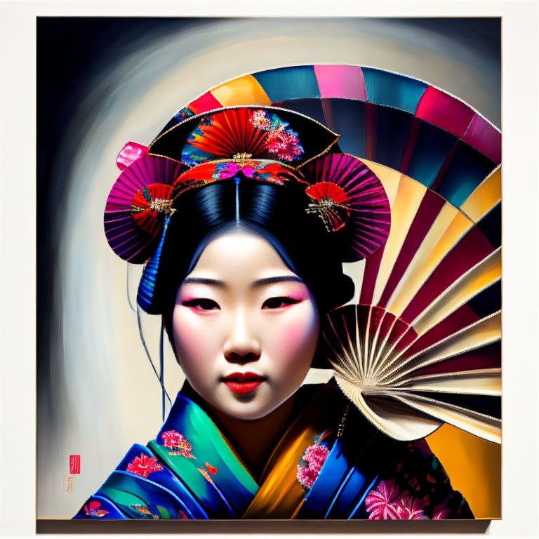 Traditional Japanese Geisha Woman Painting with Elaborate Attire