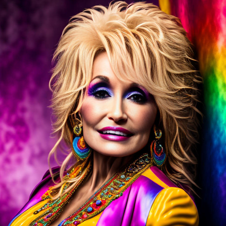 Blonde Woman in Colorful Attire on Rainbow Background