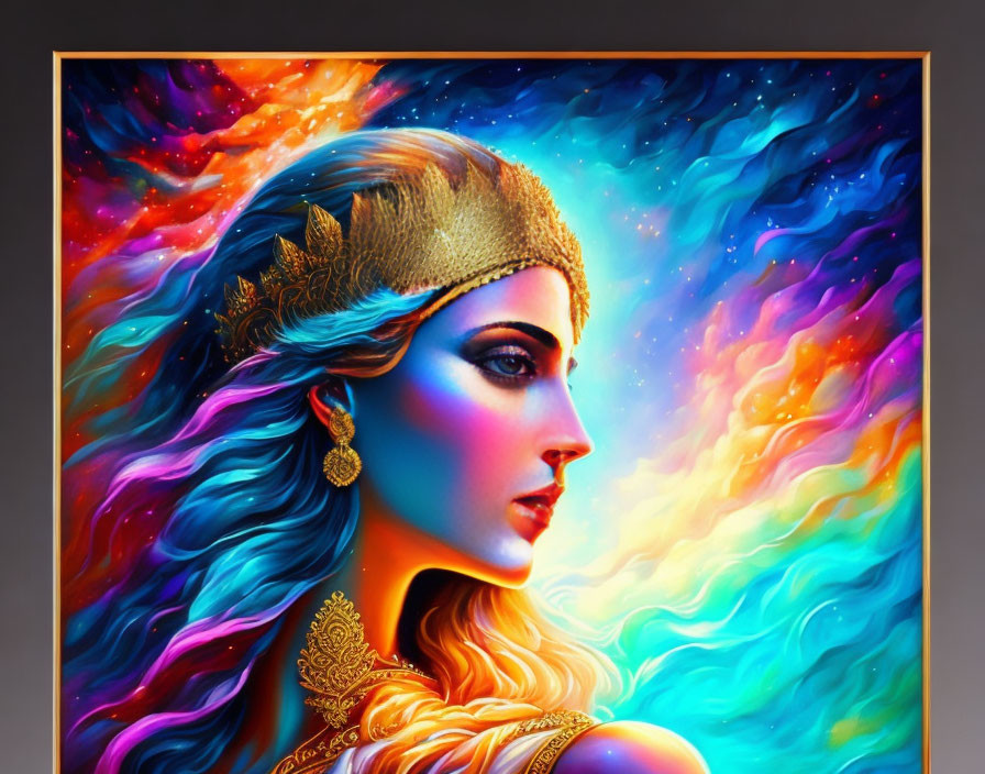 Colorful digital artwork: Woman with golden headpiece and blue hair on cosmic background