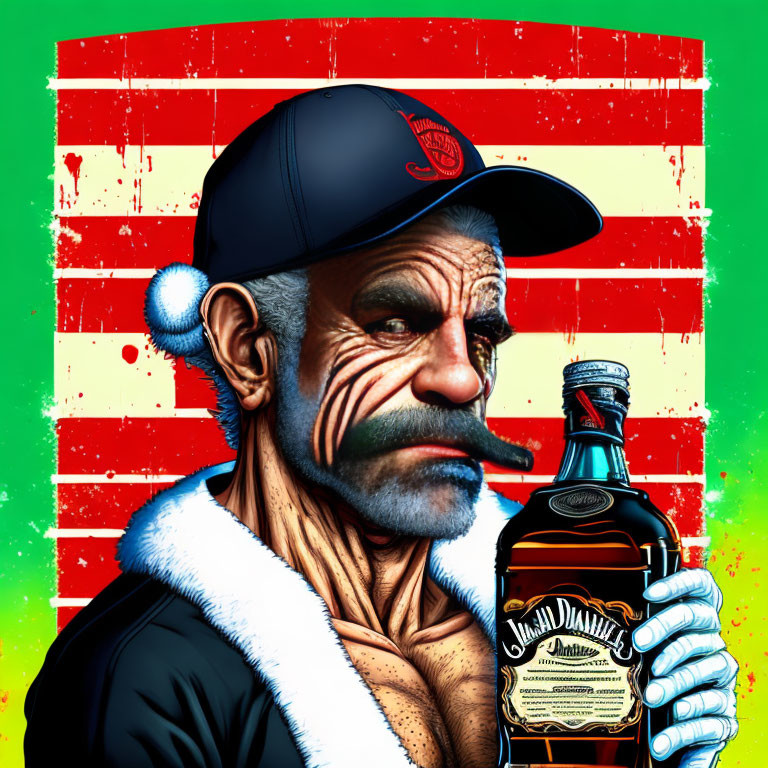 Grizzled man with mustache holding Jack Daniel's bottle on striped background