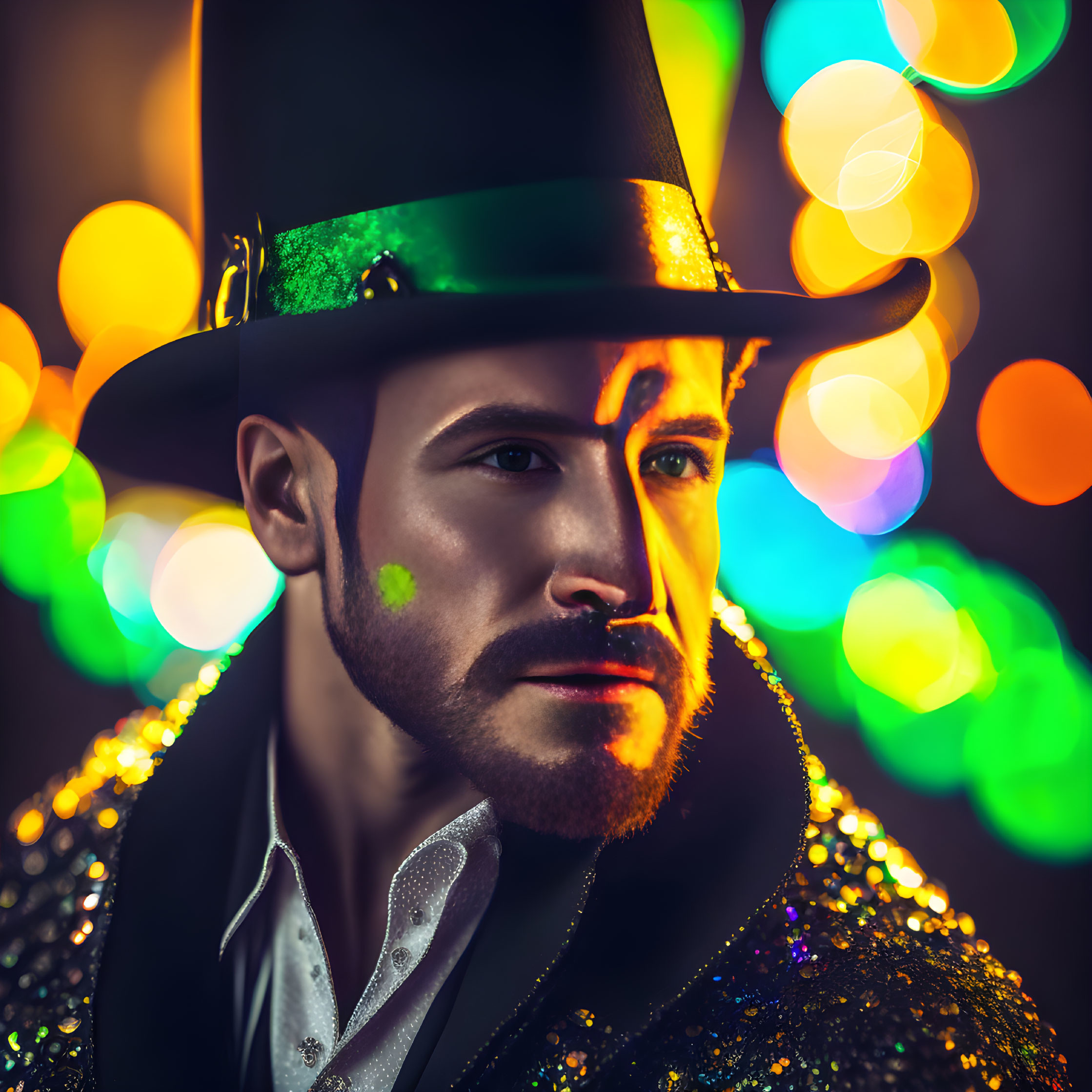 Bearded man in festive hat with green glitter, surrounded by colorful bokeh lights