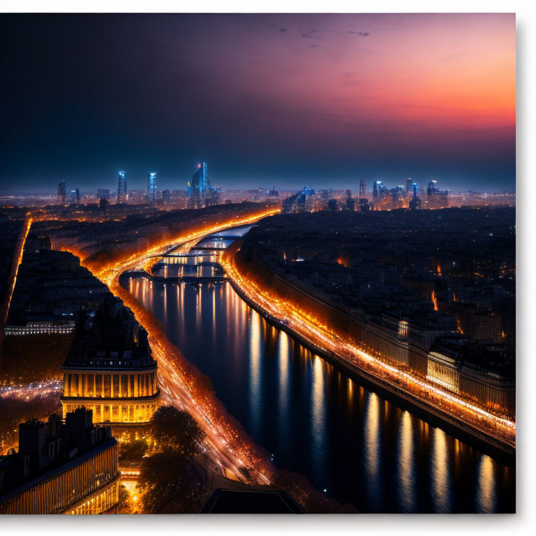 Twilight cityscape with meandering river and illuminated bridges