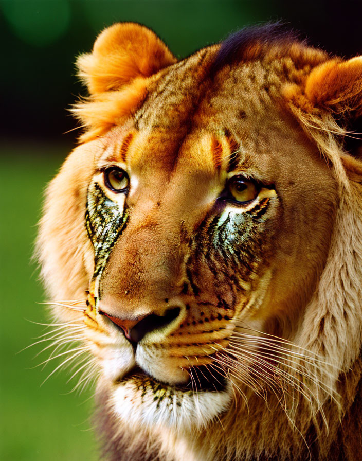 Close-Up of Lion with Golden Fur and Piercing Eyes on Green Background