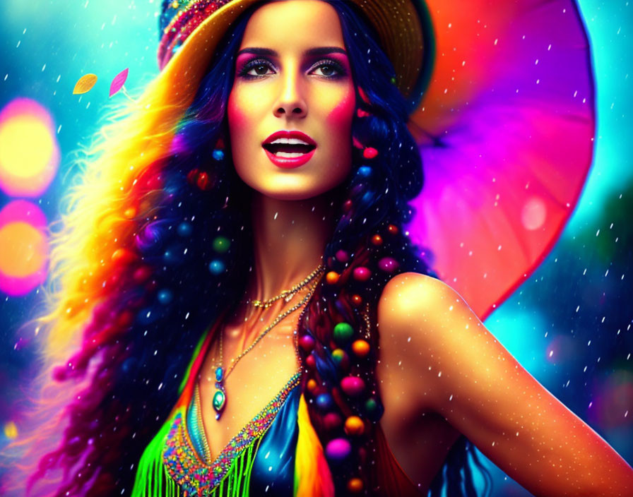 Colorful Woman Portrait with Rainbow Umbrella & Beaded Necklaces