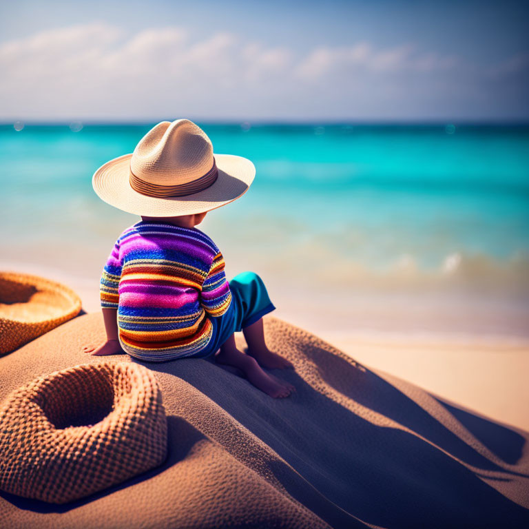 Child in Colorful Striped Sweater and Straw Hat on Sandy Beach