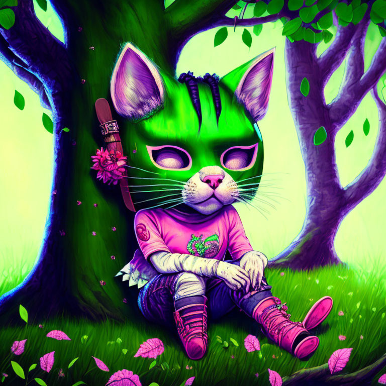 Vibrant anthropomorphic cat with skateboard under tree