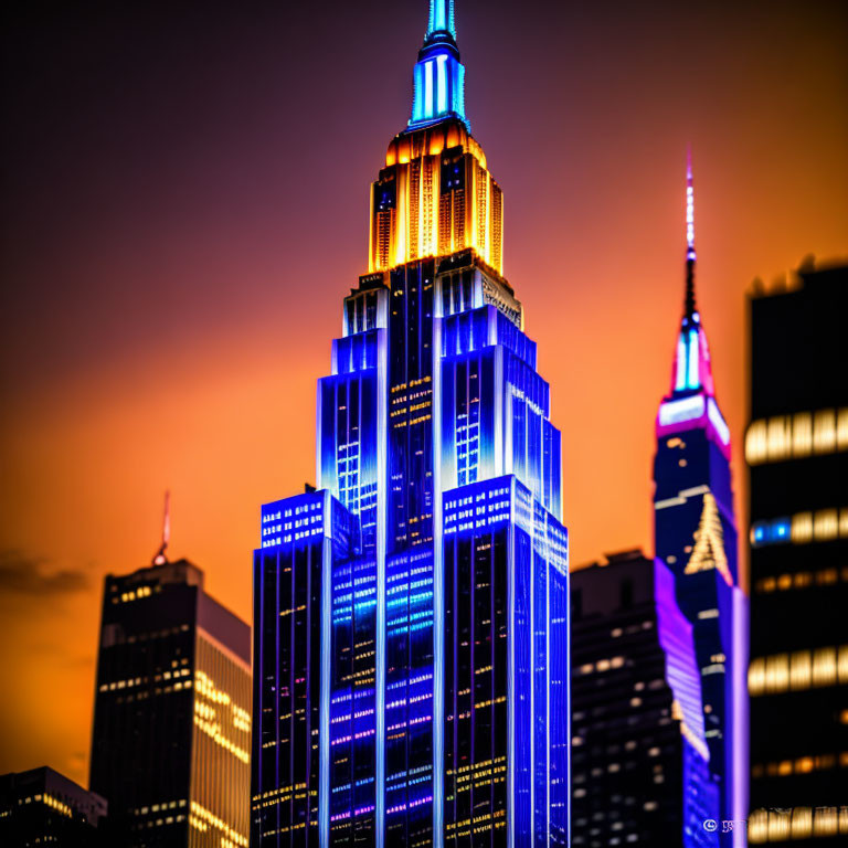 Iconic Empire State Building in blue and orange lights at dusk